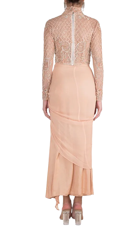 Peach Embroidered Blouse With Knotted Skirt