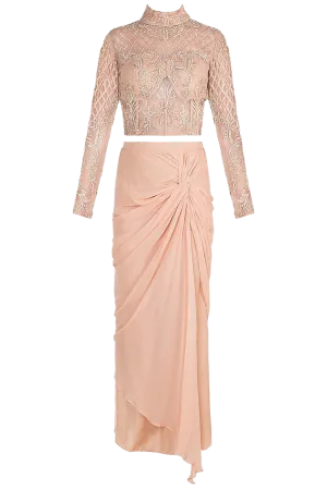 Peach Embroidered Blouse With Knotted Skirt