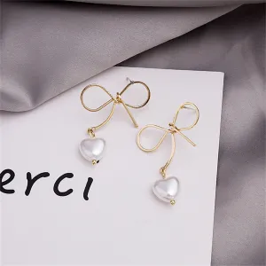 Pearl & 18K Gold-Plated Bow & Heart Drop Earrings