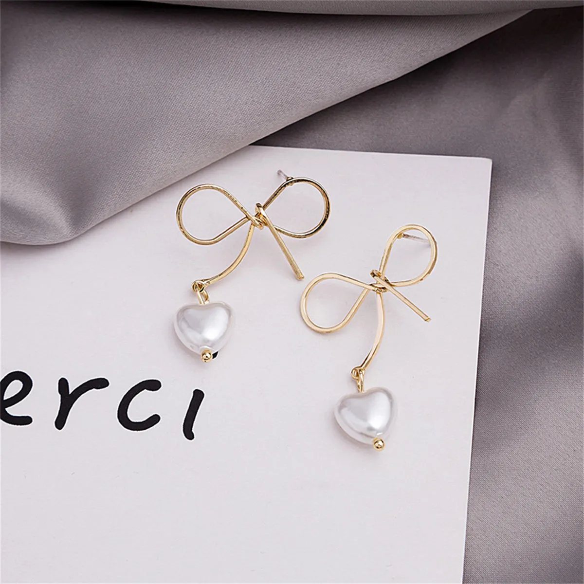 Pearl & 18K Gold-Plated Bow & Heart Drop Earrings