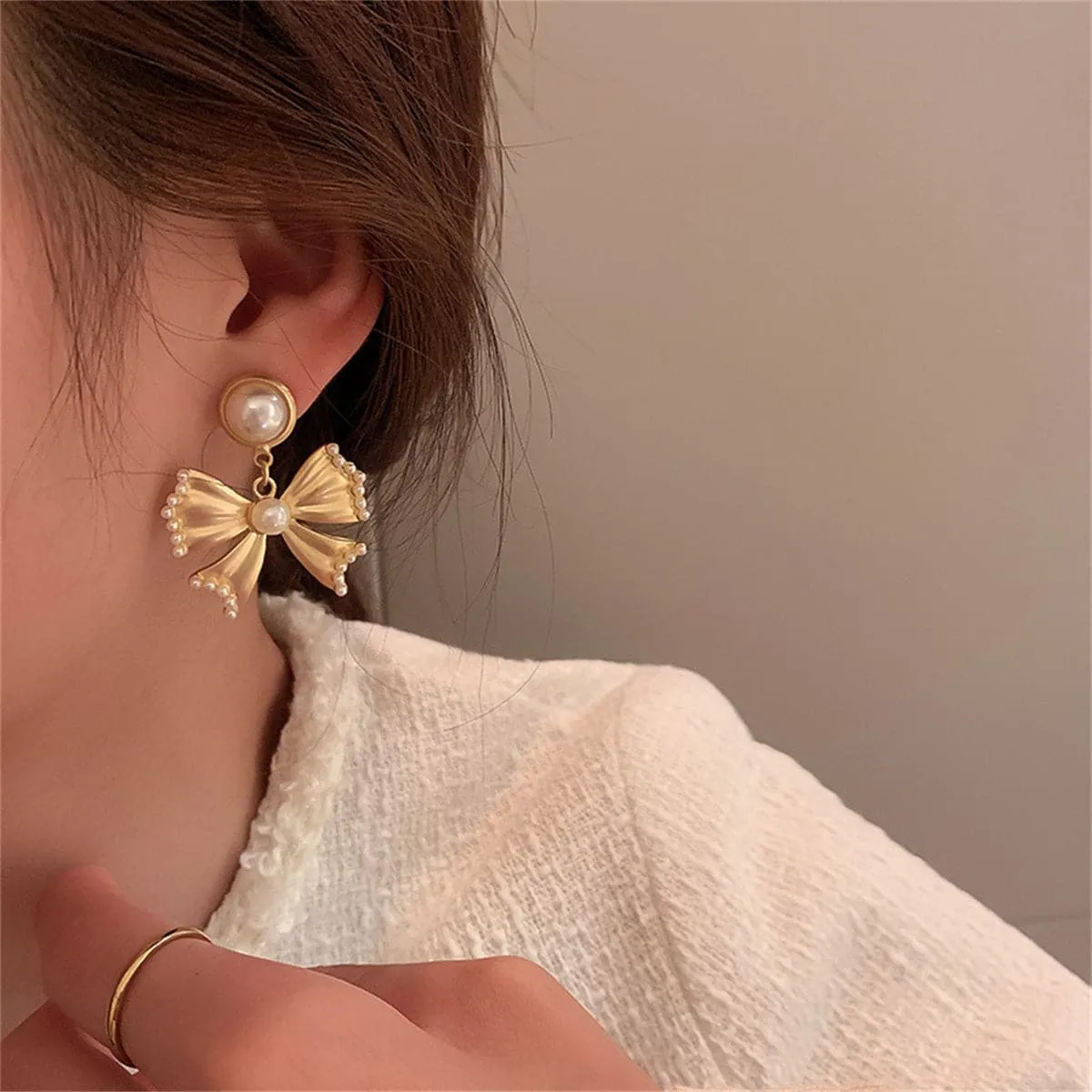 Pearl & 18K Gold-Plated Bow Drop Earrings
