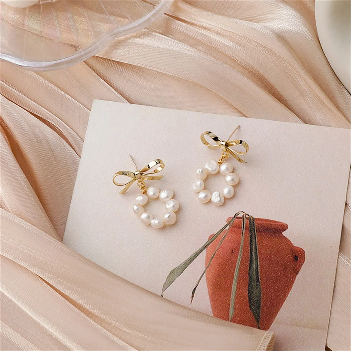 Pearl & 18K Gold-Plated Bow Drop Earrings