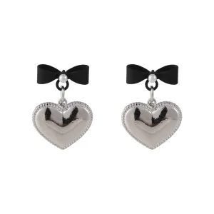 Pearl & Black Enamel Silver-Plated Bow Heart Drop Earrings