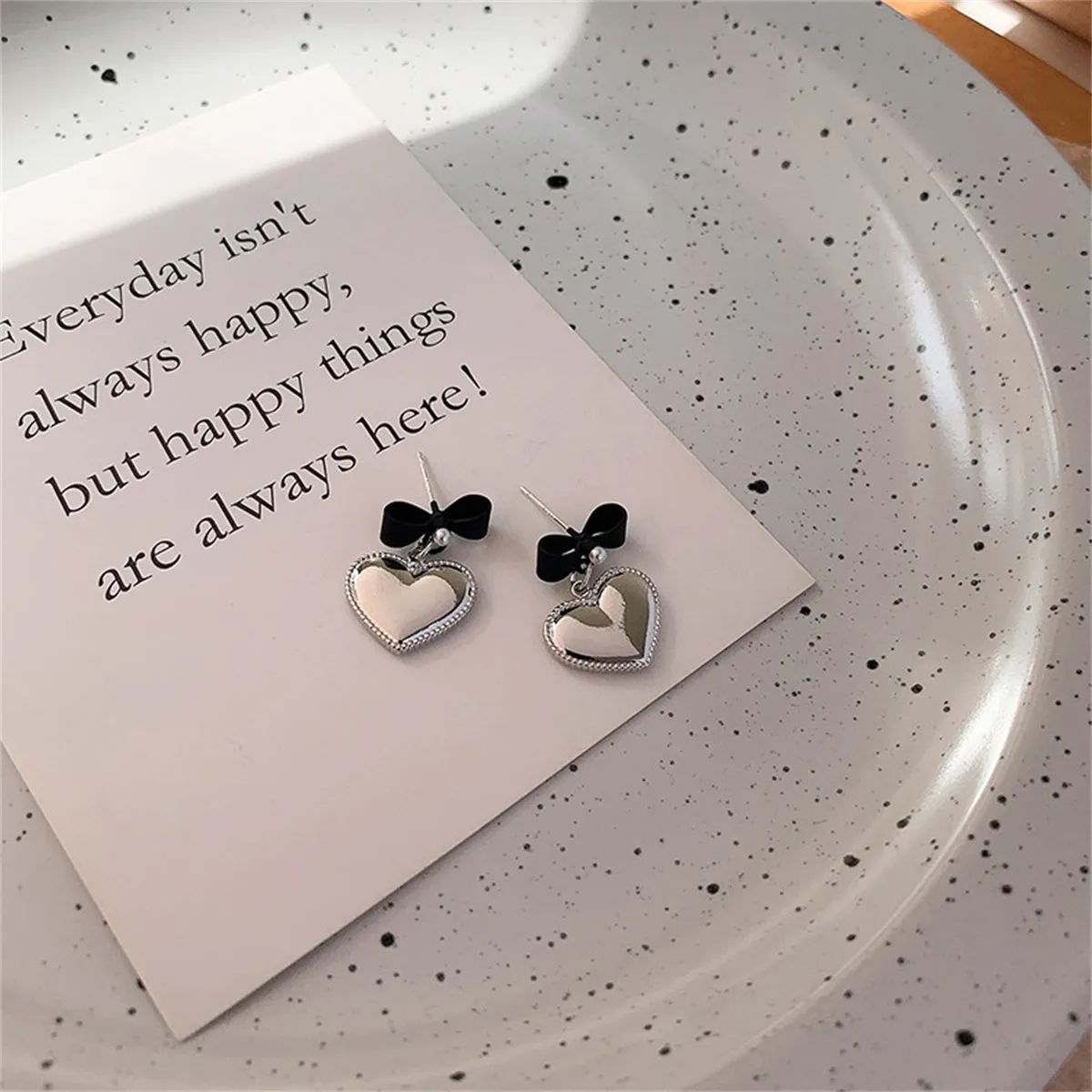 Pearl & Black Enamel Silver-Plated Bow Heart Drop Earrings