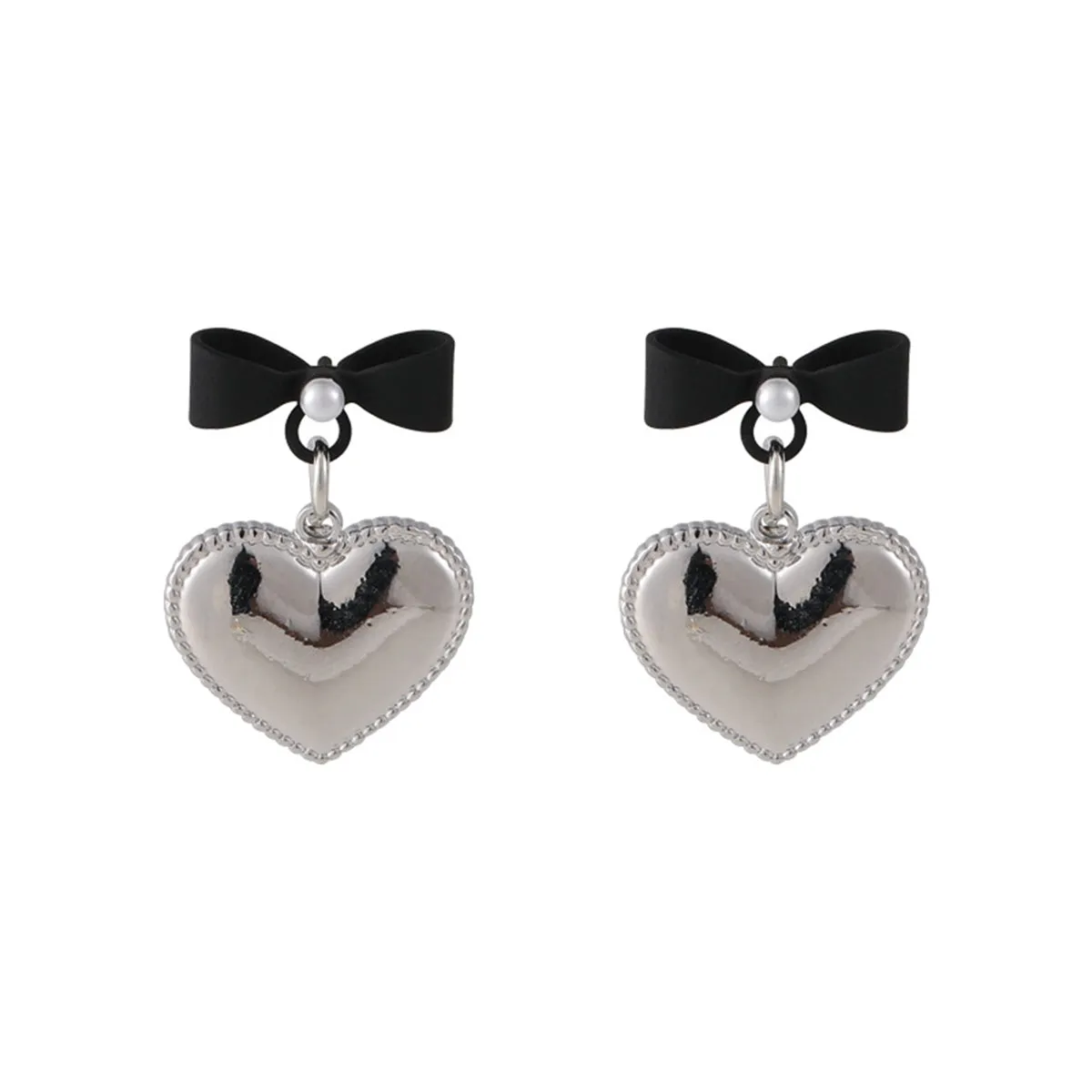 Pearl & Black Enamel Silver-Plated Bow Heart Drop Earrings