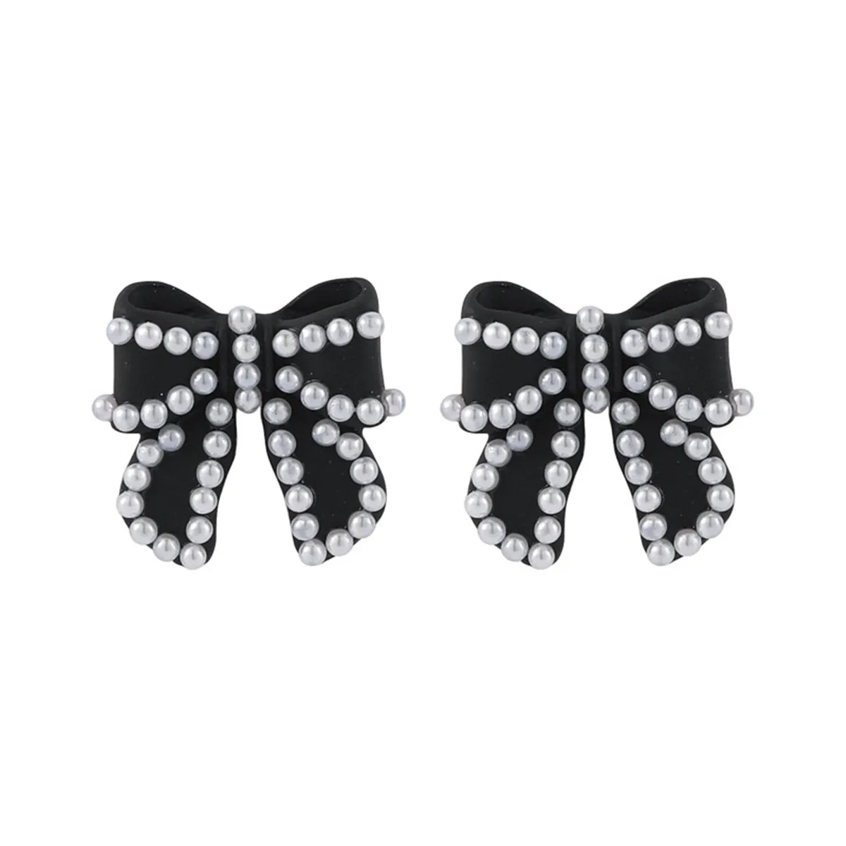Pearl & Black Enamel Silver-Plated Bow Stud Earrings