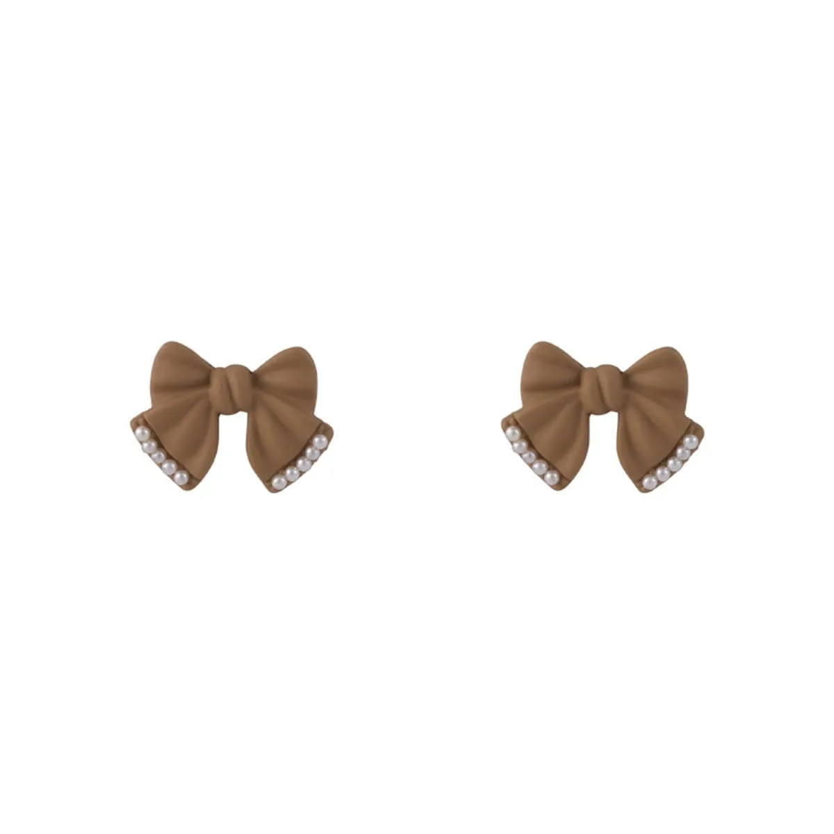 Pearl & Coffee Enamel Bow Stud Earrings