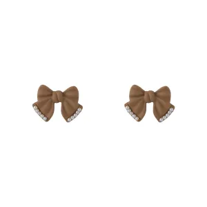 Pearl & Coffee Enamel Bow Stud Earrings