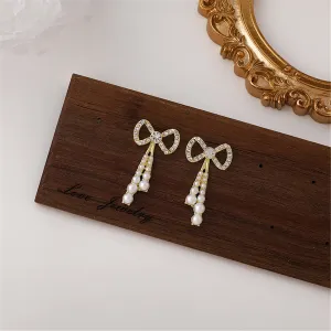 Pearl & Cubic Zirconia 18K Gold-Plated Bow Dangle Earrings