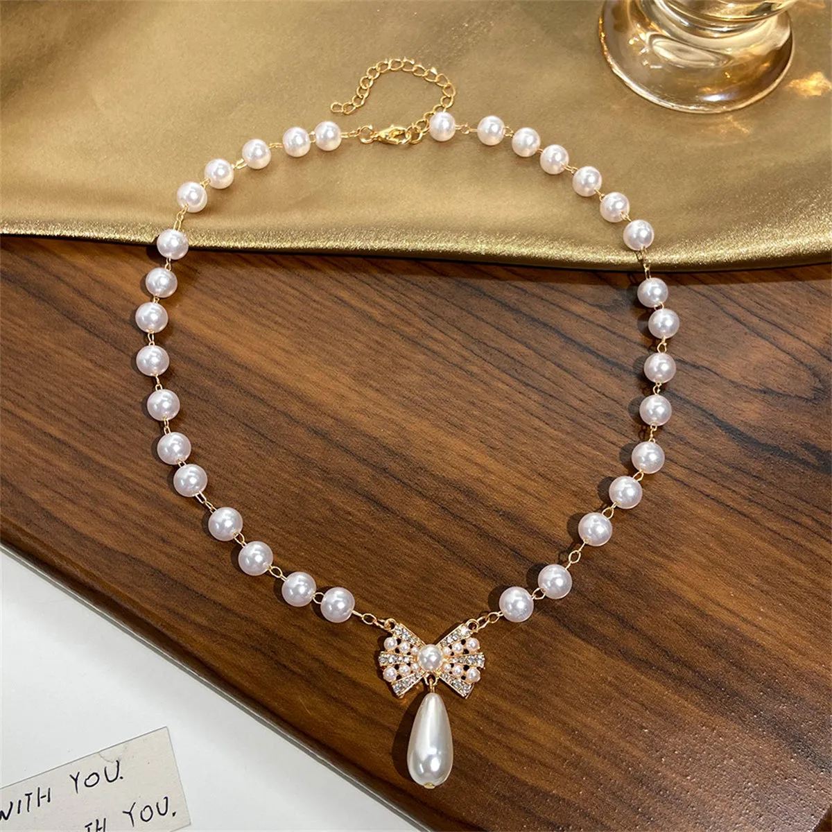Pearl & Cubic Zirconia 18K Gold-Plated Bow Pendant Necklace
