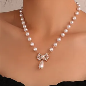 Pearl & Cubic Zirconia 18K Gold-Plated Bow Pendant Necklace