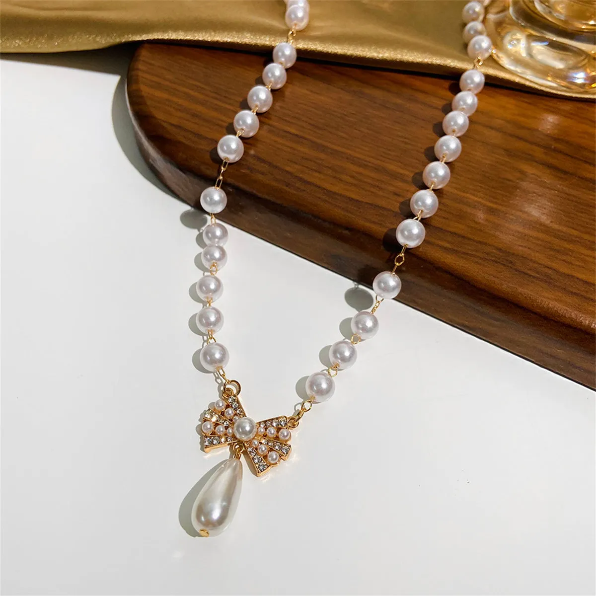Pearl & Cubic Zirconia 18K Gold-Plated Bow Pendant Necklace