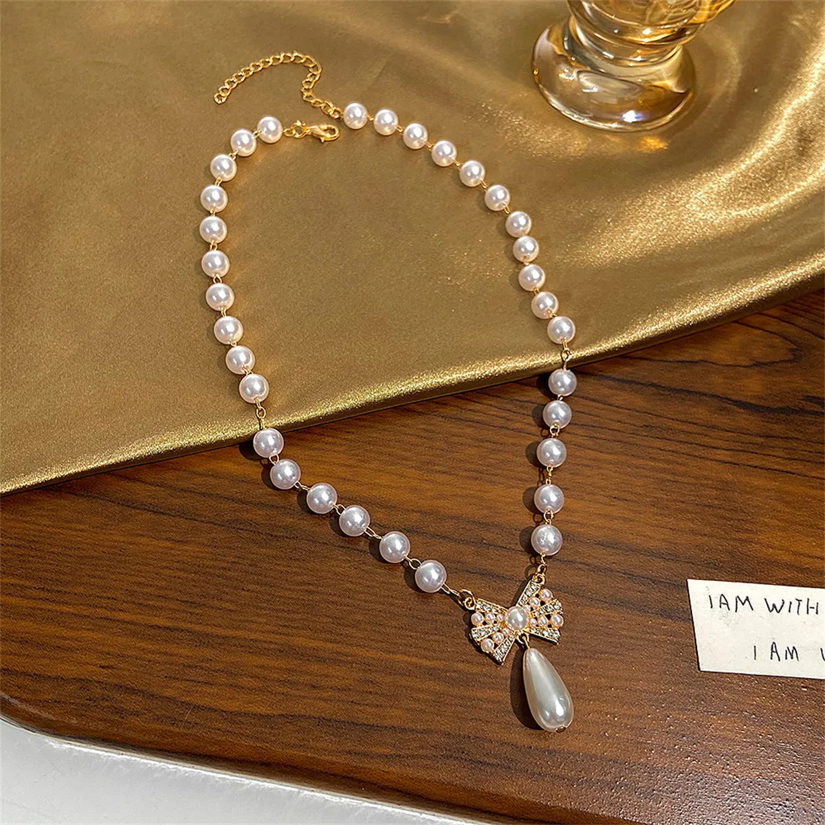 Pearl & Cubic Zirconia 18K Gold-Plated Bow Pendant Necklace