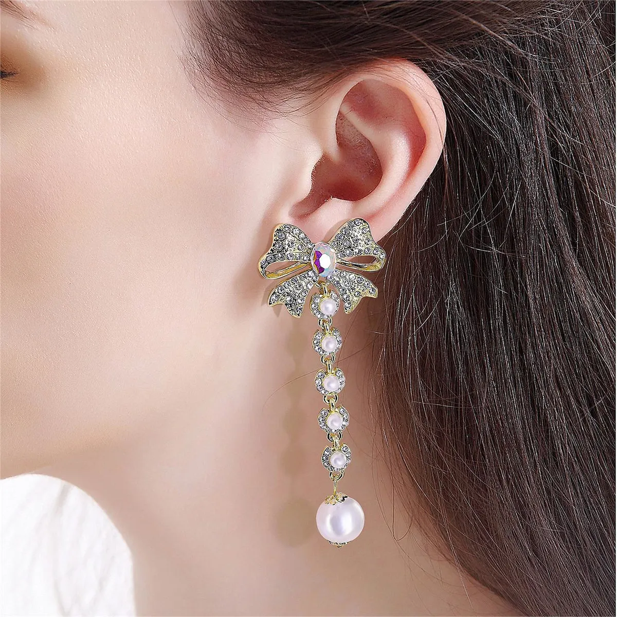 Pearl & Cubic Zirconia Crystal-Accent 18K Gold-Plated Bow Bead Drop Earrings