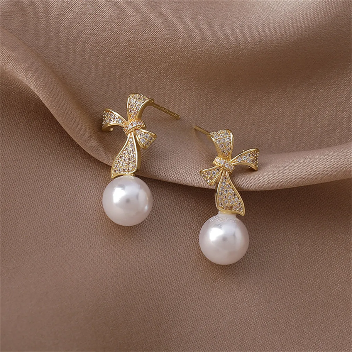 Pearl & Cubic Zirconia Pavé Bow Drop Earrings