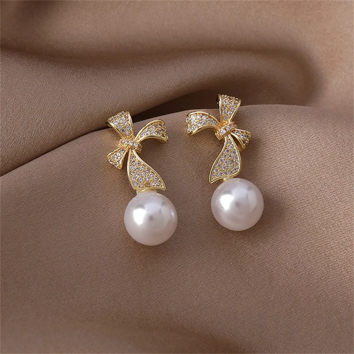 Pearl & Cubic Zirconia Pavé Bow Drop Earrings