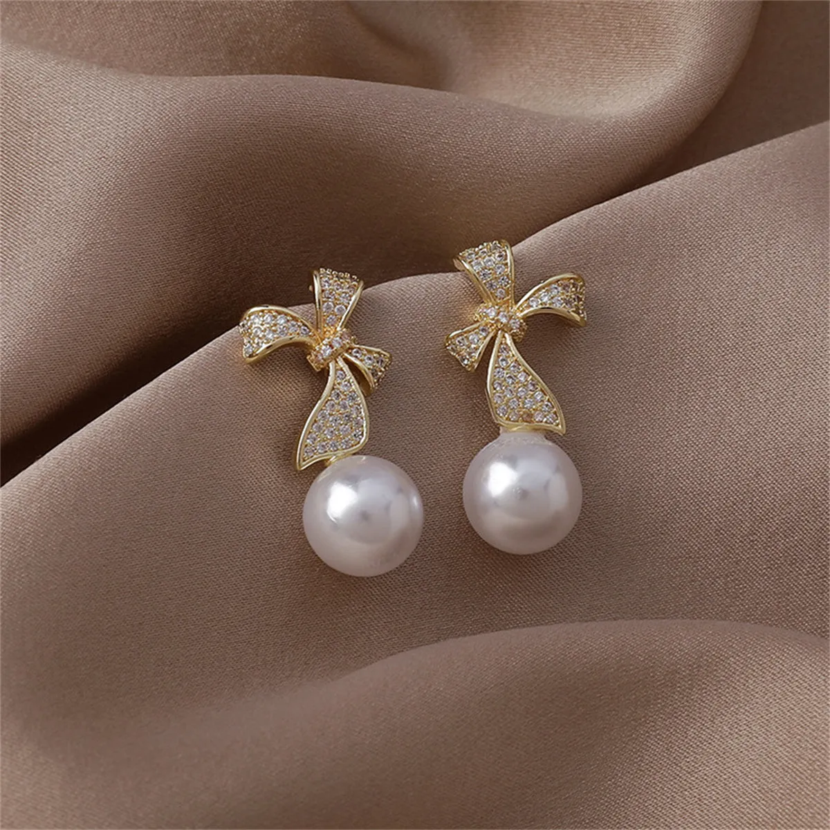 Pearl & Cubic Zirconia Pavé Bow Drop Earrings