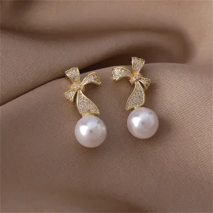 Pearl & Cubic Zirconia Pavé Bow Drop Earrings