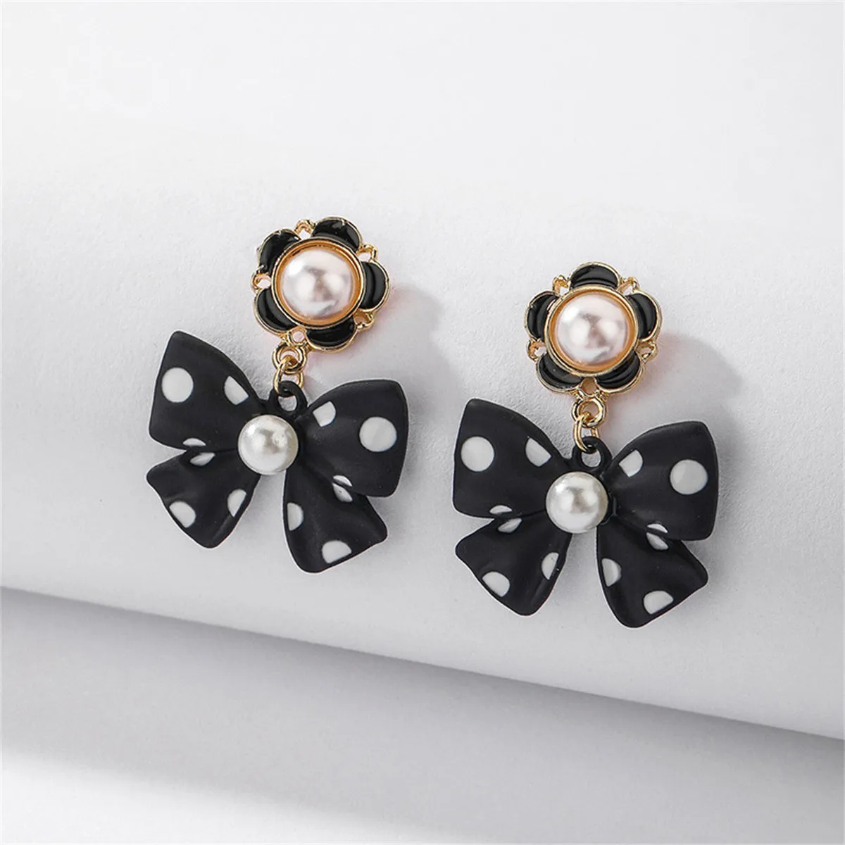 Pearl & Enamel 18K Gold-Plated Black Bow Drop Earrings
