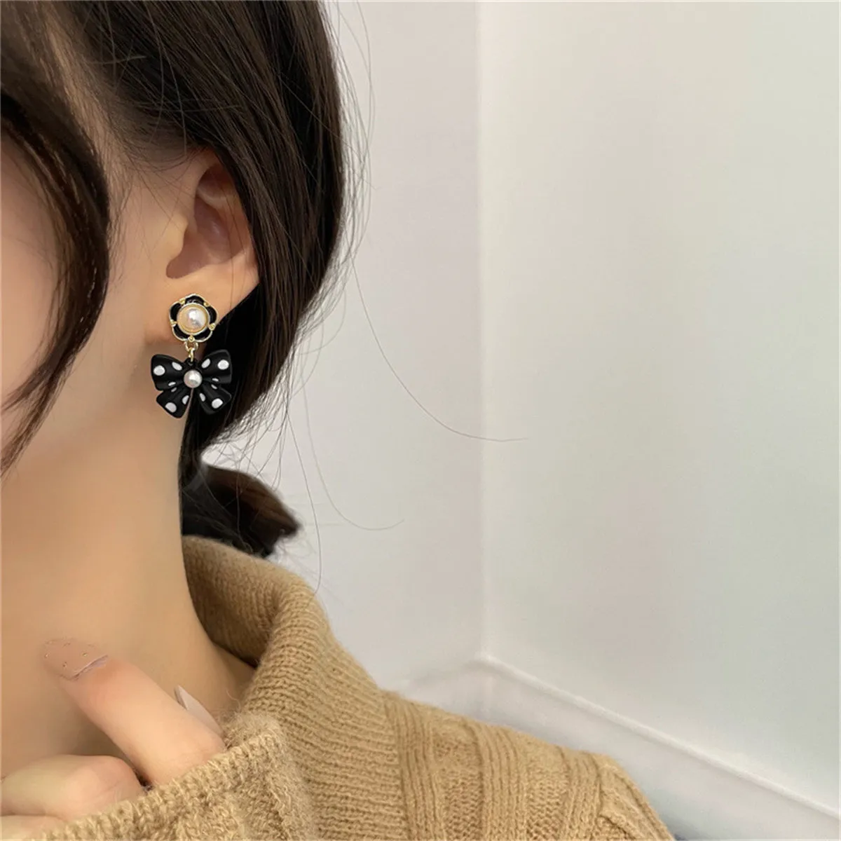 Pearl & Enamel 18K Gold-Plated Black Bow Drop Earrings