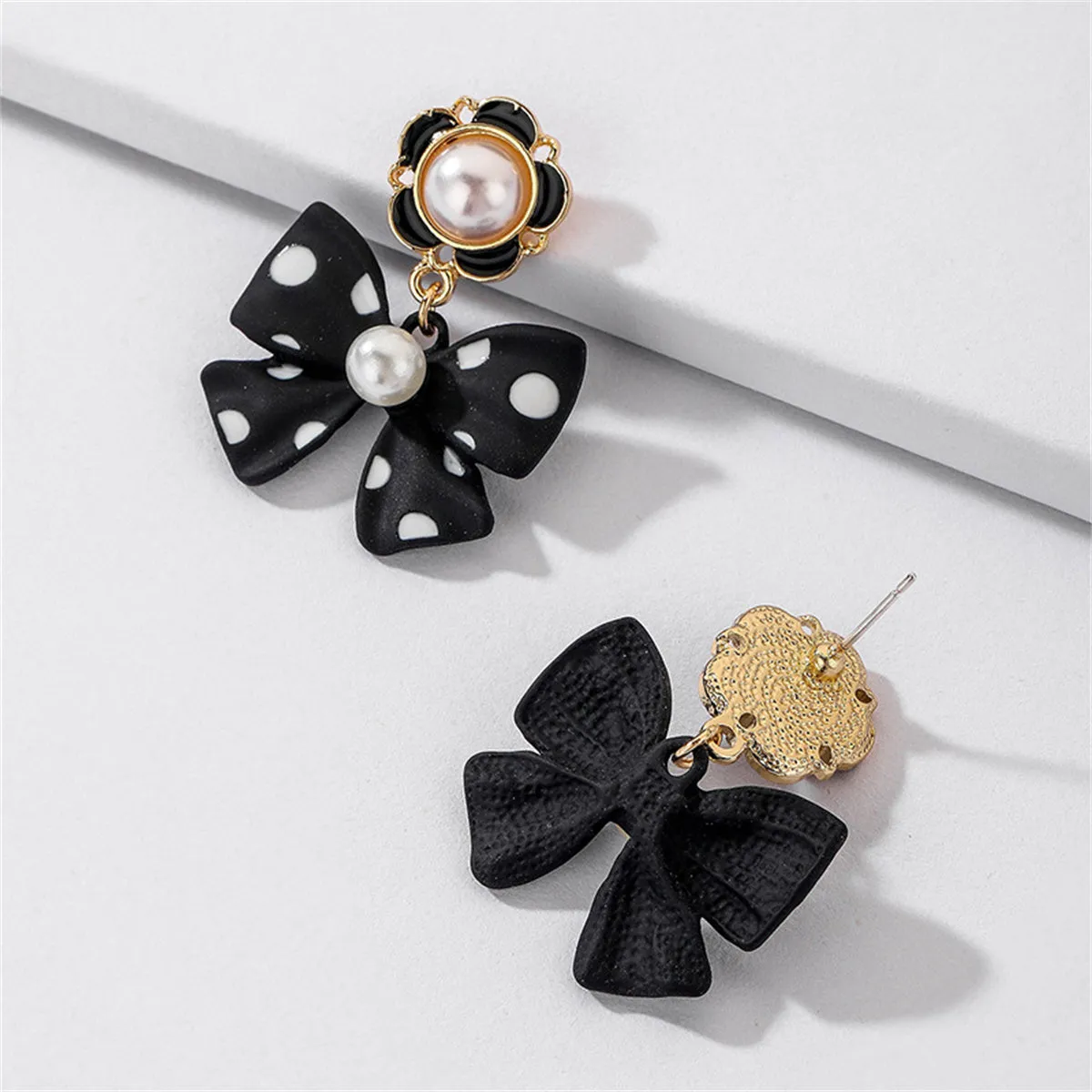 Pearl & Enamel 18K Gold-Plated Black Bow Drop Earrings