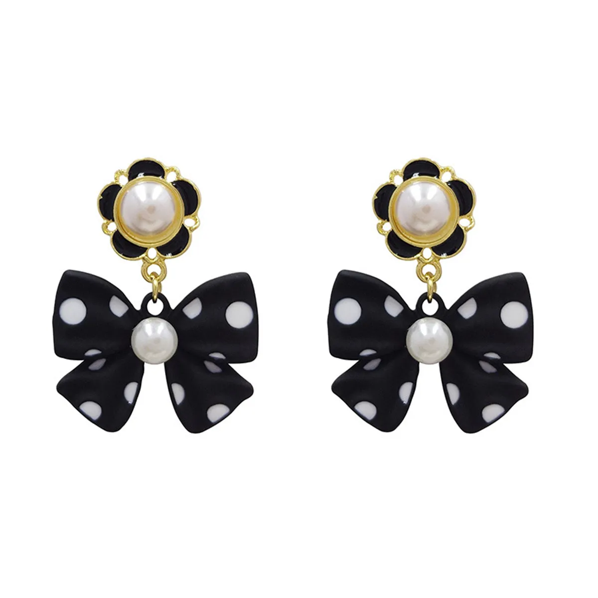Pearl & Enamel 18K Gold-Plated Black Bow Drop Earrings