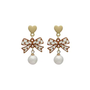 Pearl & Enamel 18K Gold-Plated Heart Bow Drop Earrings