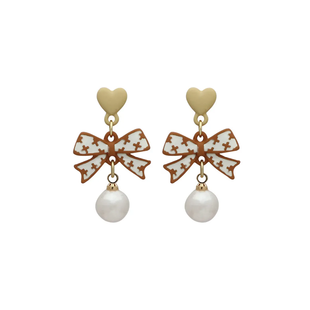 Pearl & Enamel 18K Gold-Plated Heart Bow Drop Earrings