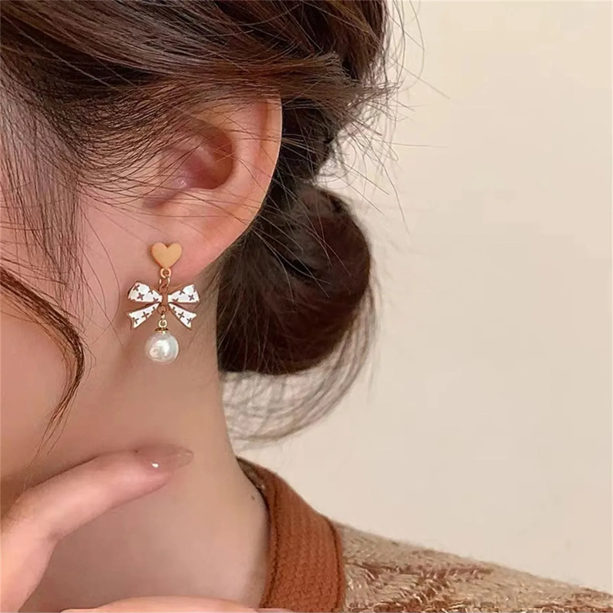Pearl & Enamel 18K Gold-Plated Heart Bow Drop Earrings