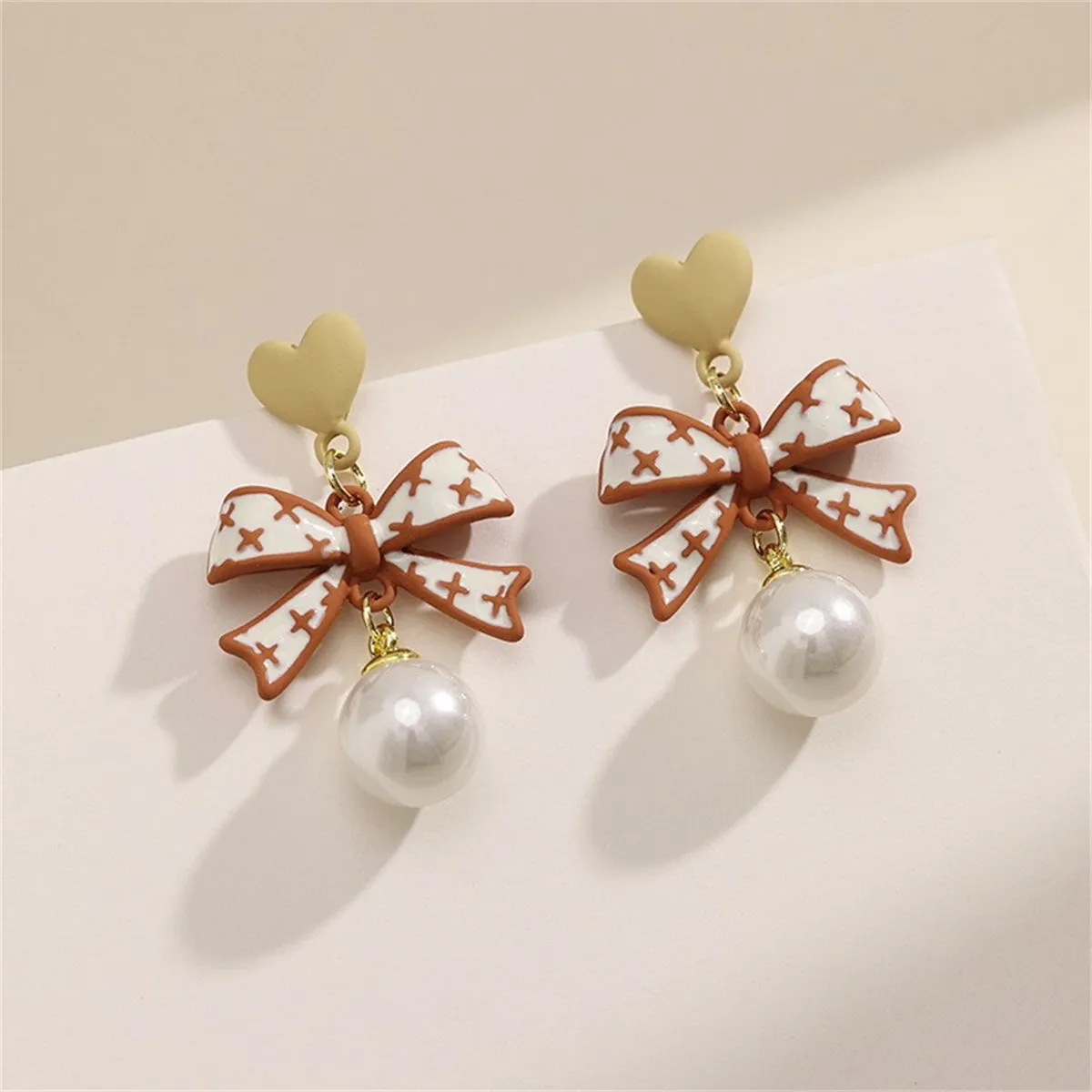 Pearl & Enamel 18K Gold-Plated Heart Bow Drop Earrings