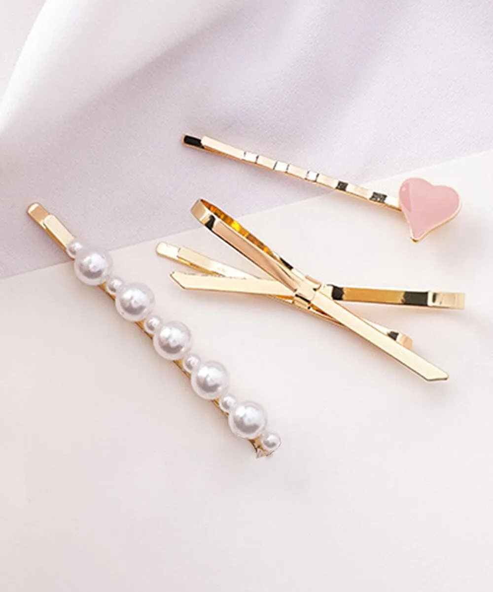 Pearl & Enamel 18K Gold-Plated Heart Bow Hair Clip Set