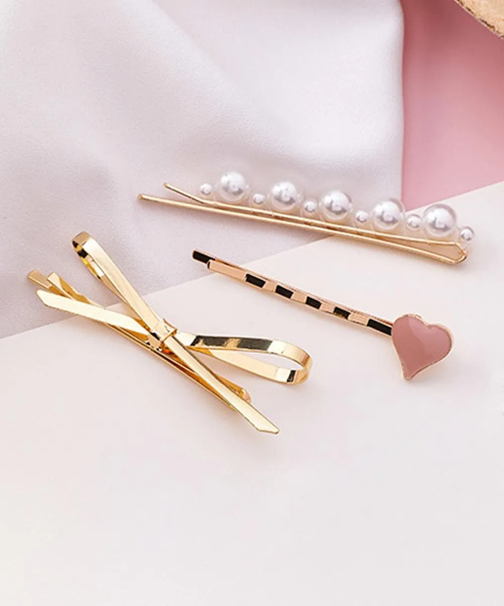 Pearl & Enamel 18K Gold-Plated Heart Bow Hair Clip Set