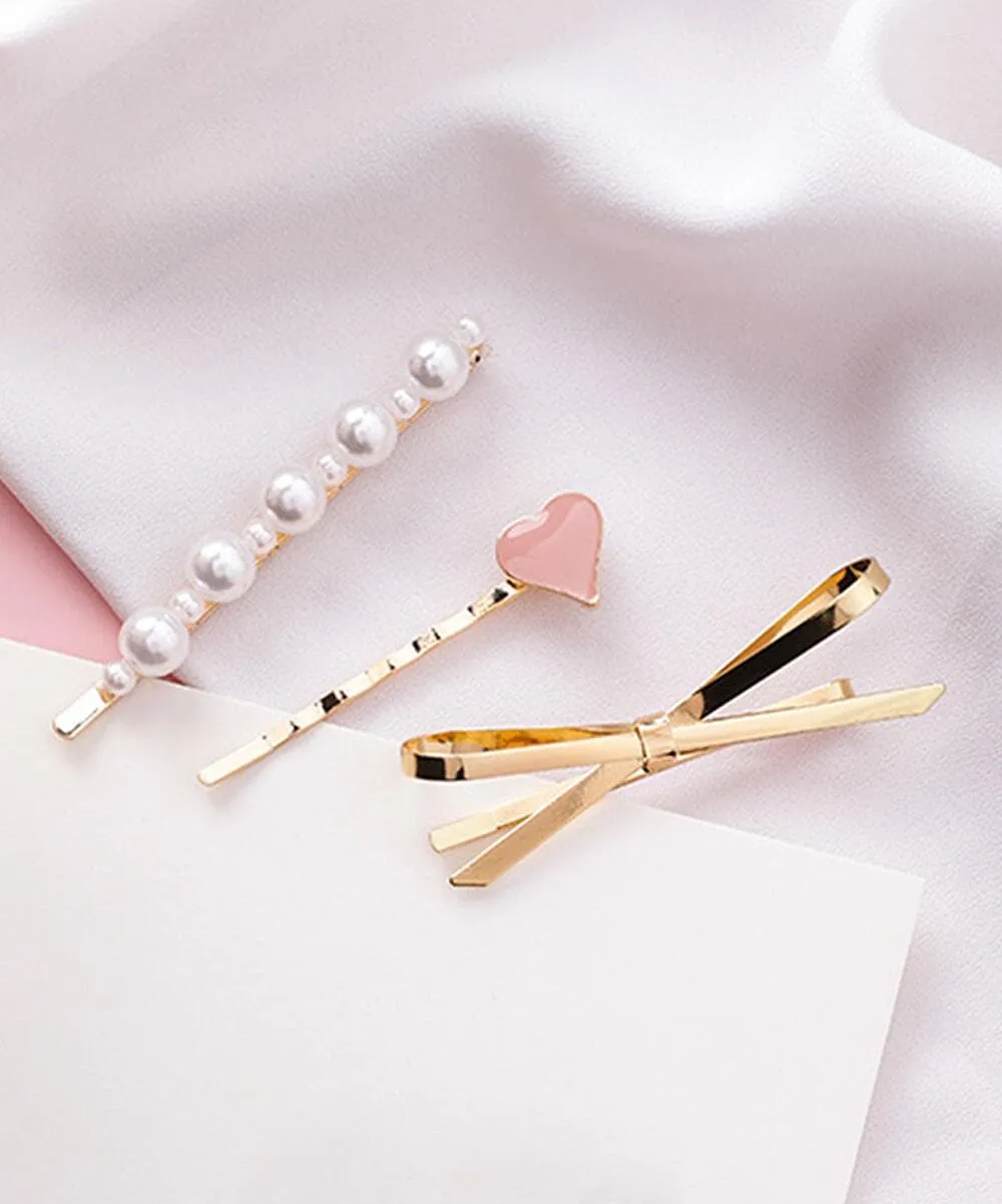 Pearl & Enamel 18K Gold-Plated Heart Bow Hair Clip Set