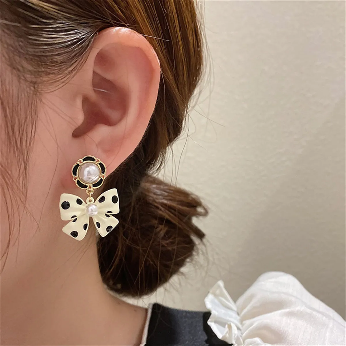 Pearl & Enamel 18K Gold-Plated White Bow Drop Earrings