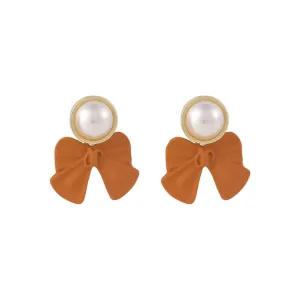 Pearl & Orange Enamel Bow Drop Earrings