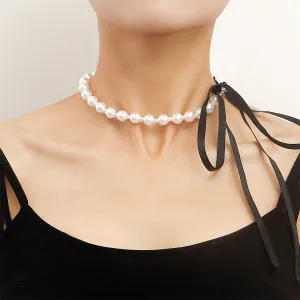 Pearl & Polyster Bow Choker Necklace