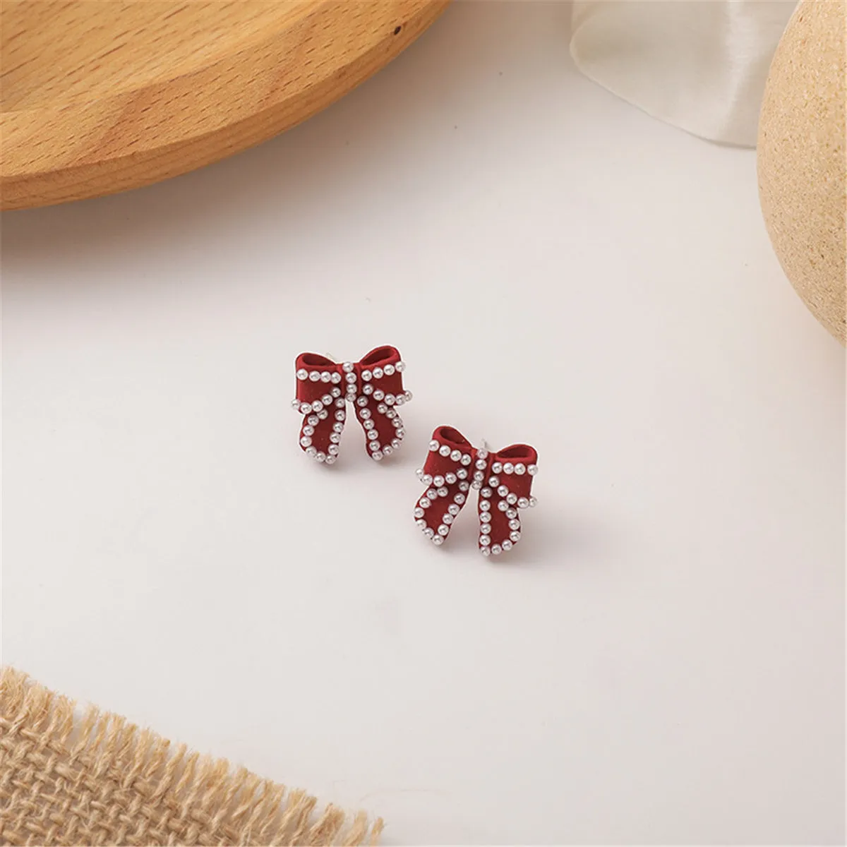 Pearl & Red Enamel Silver-Plated Bow Stud Earrings