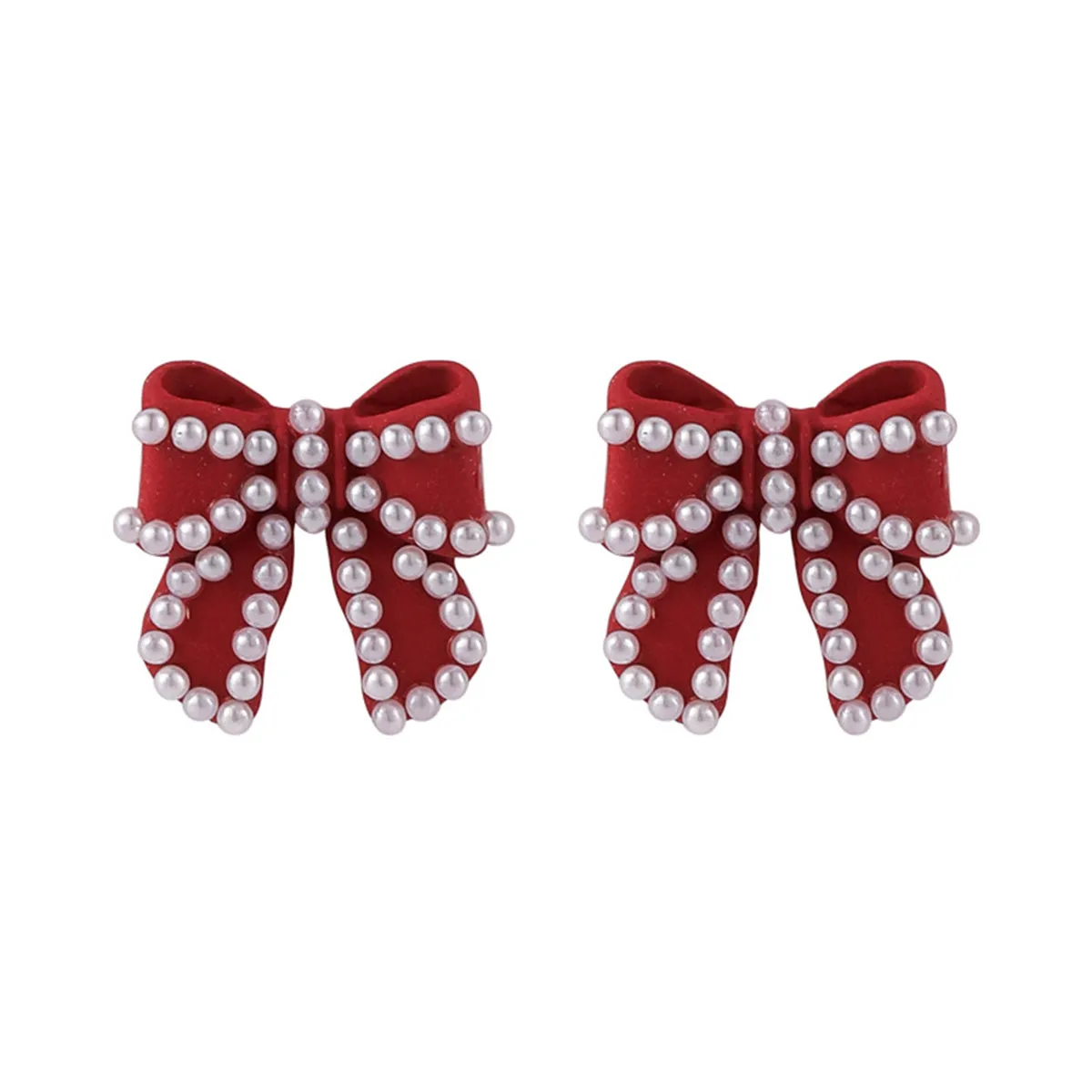 Pearl & Red Enamel Silver-Plated Bow Stud Earrings