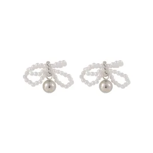 Pearl & Silver-Plated Beaded Bow Ball Drop Earrings