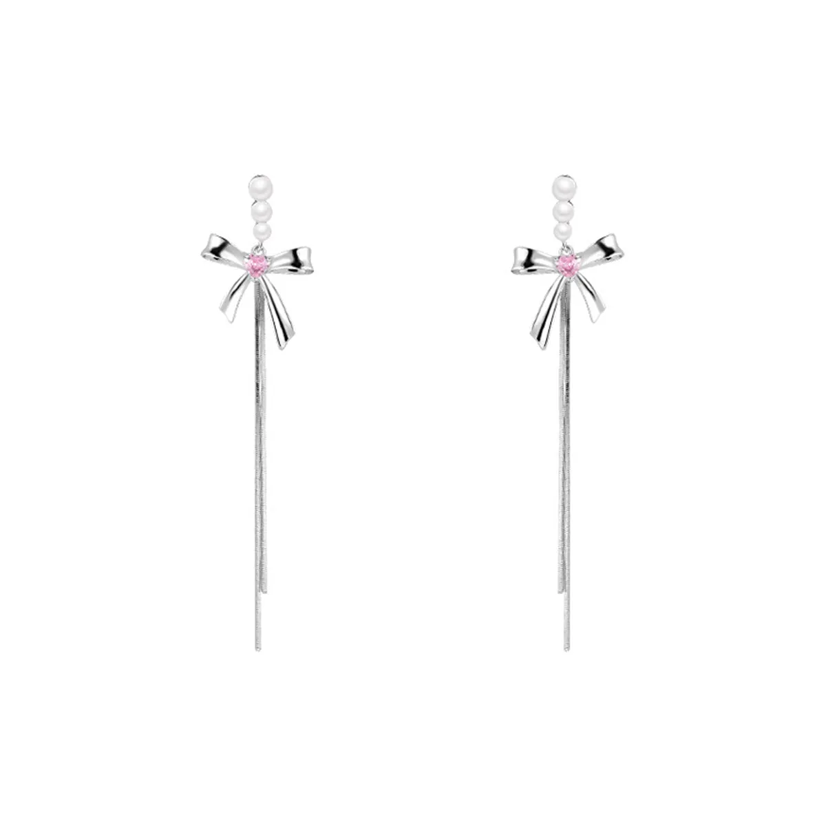 Pearl & Silver-Plated Bow Tassel Drop Earrings