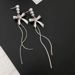 Pearl & Silver-Plated Bow Tassel Drop Earrings