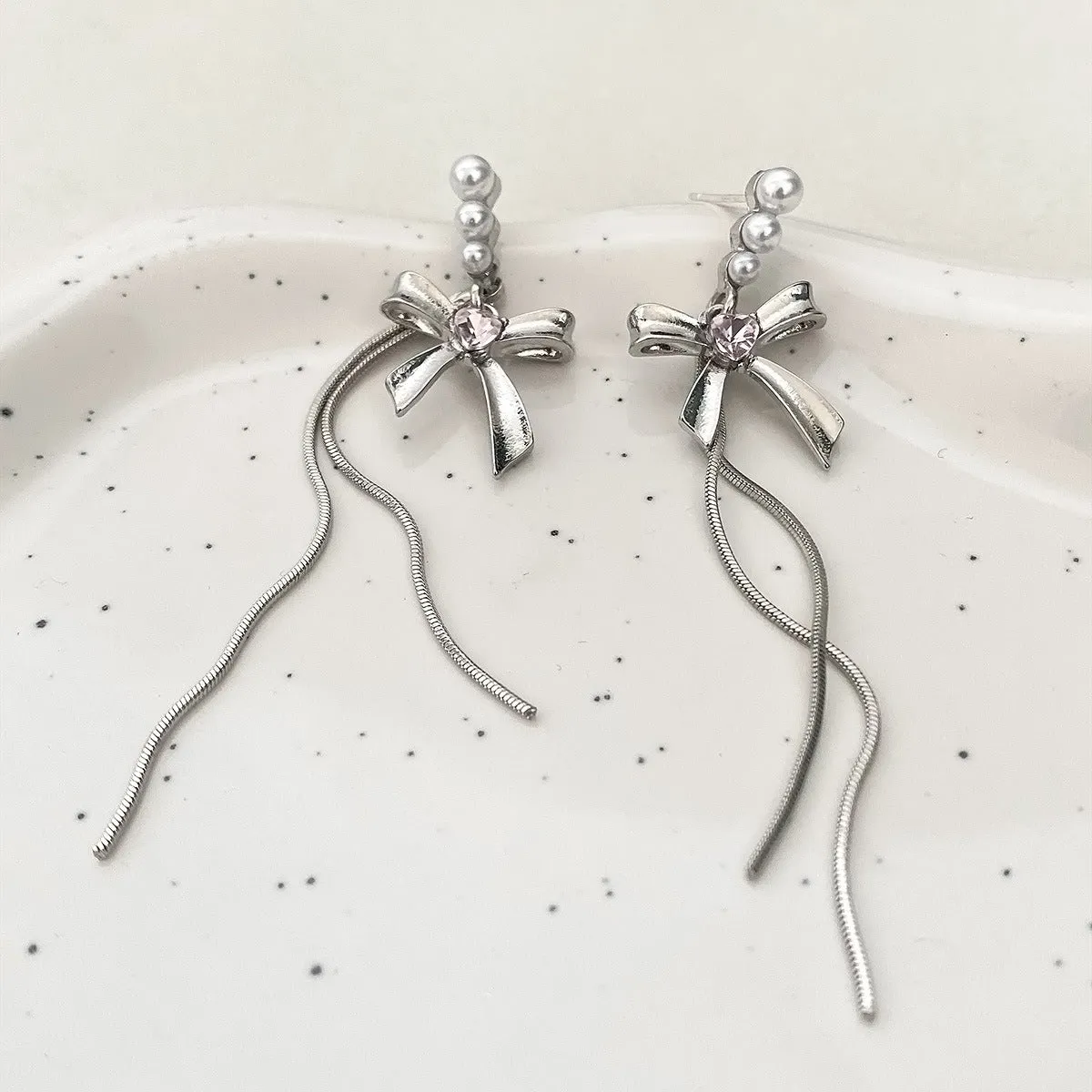 Pearl & Silver-Plated Bow Tassel Drop Earrings
