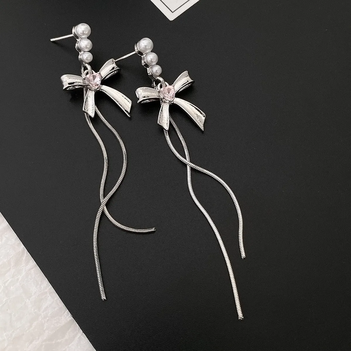 Pearl & Silver-Plated Bow Tassel Drop Earrings