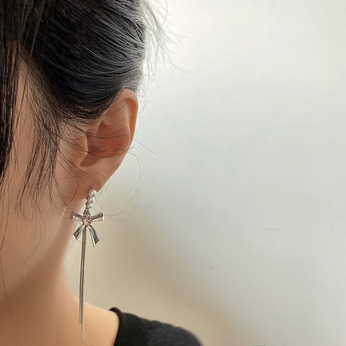 Pearl & Silver-Plated Bow Tassel Drop Earrings
