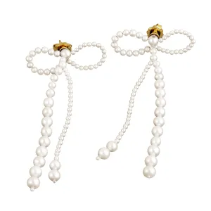 Pearl Beads Gemstone Bow Earrings In 18K Yellow Gold For Birthday Women's
