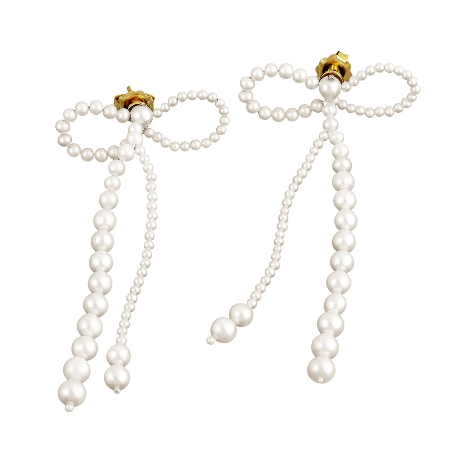 Pearl Beads Gemstone Bow Earrings In 18K Yellow Gold For Birthday Women's