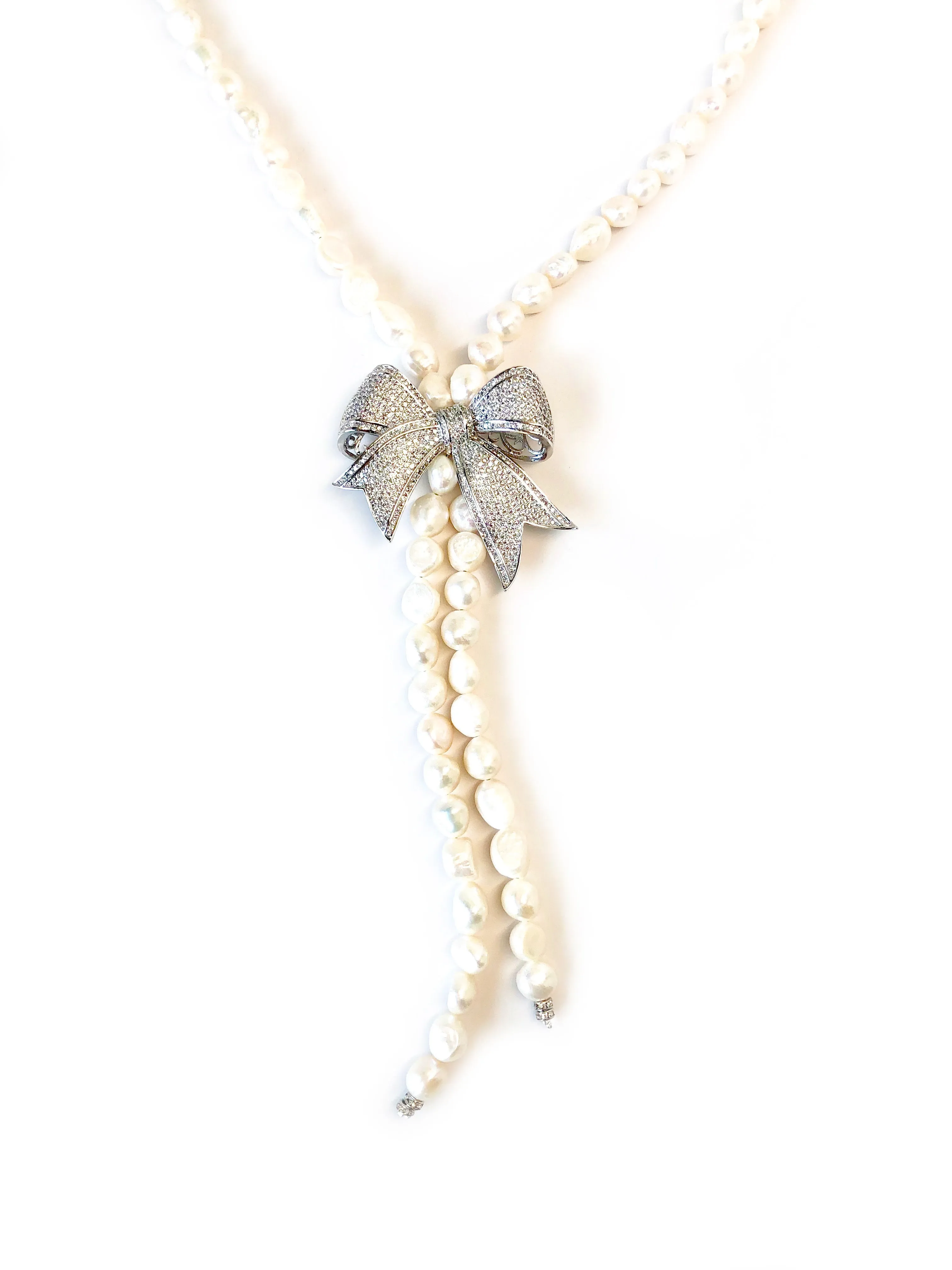 Pearl Necklace with Large Silver Pave Bow