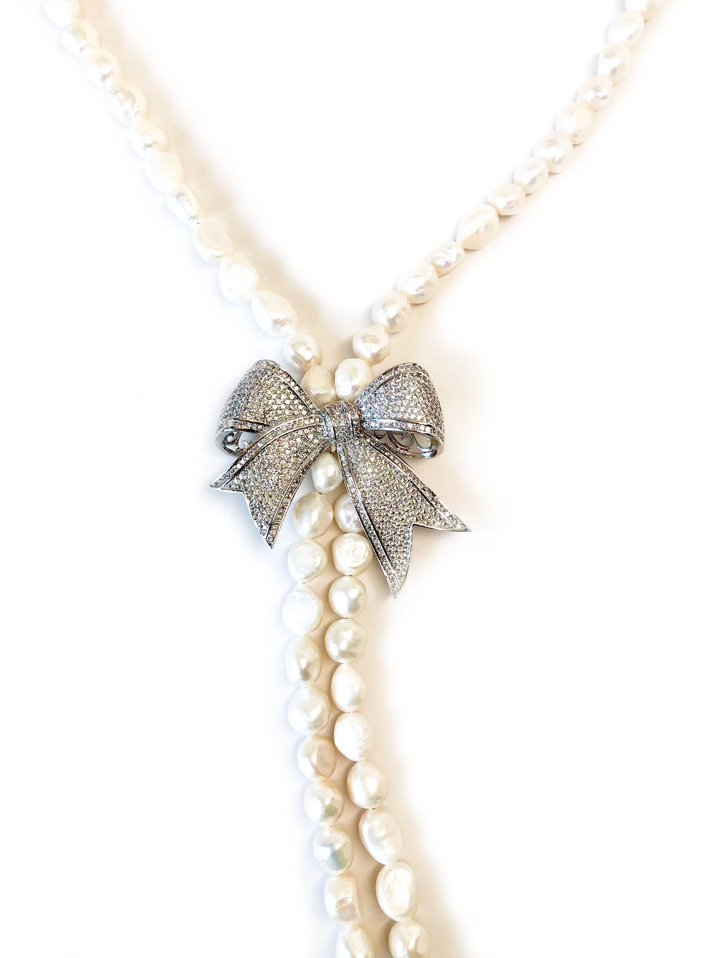 Pearl Necklace with Large Silver Pave Bow