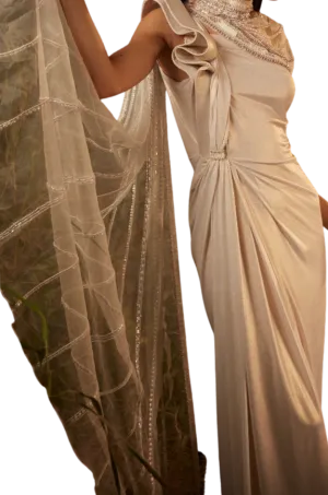 Pearl Ribbon Draped Sari Gown