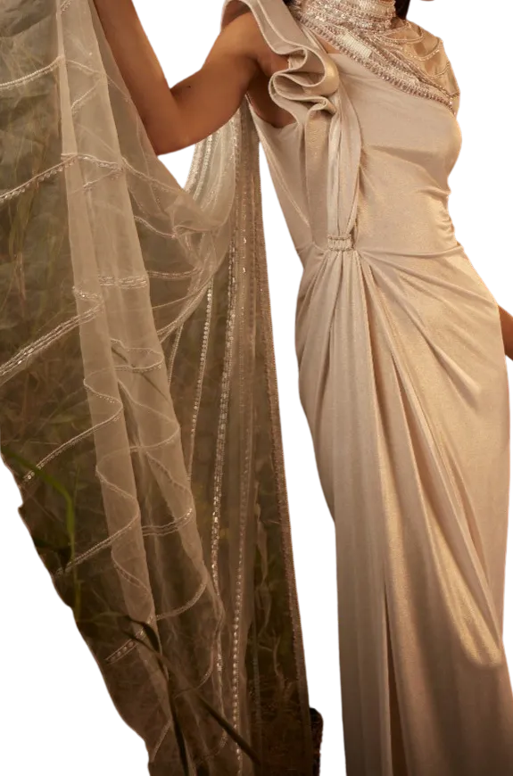 Pearl Ribbon Draped Sari Gown